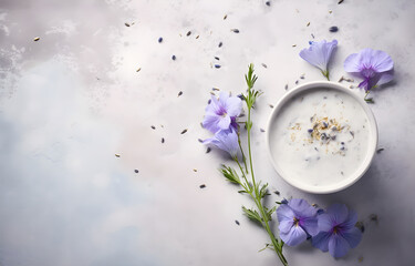 chicory flowers and herbs and coffee cup on grey snowy backgroun - obrazy, fototapety, plakaty