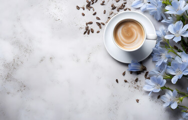 chicory flowers and herbs and coffee cup on grey snowy backgroun - obrazy, fototapety, plakaty