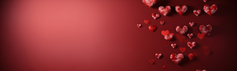 Valentine's day, 14 february theme banner. Love and romance background. Red wall with heart shapes. Space for text. - obrazy, fototapety, plakaty