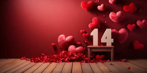Valentine's day, 14 february theme banner. Love and romance background. Red wall with heart shapes. Space for text. - obrazy, fototapety, plakaty
