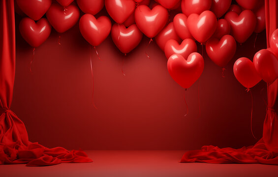 Heart shape balloons on red background. Valentine's day, 14 february theme. Love and romance. Space for product presentation.