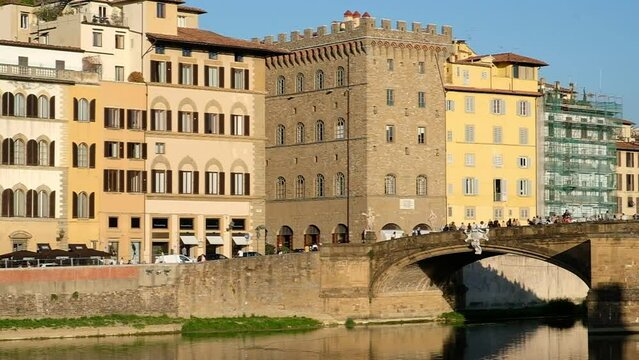 panoramic view of the Lungarno in Florence with a view of Ponte alle Grazie shot in full HD