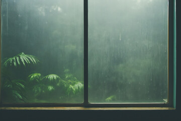 Rain drop on wet window glass with forest blur tree background, rainy landscape blurred