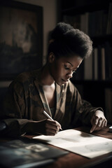 Fototapeta na wymiar a black woman writing or drawing at a desk in a room with natural lighting, ai generative