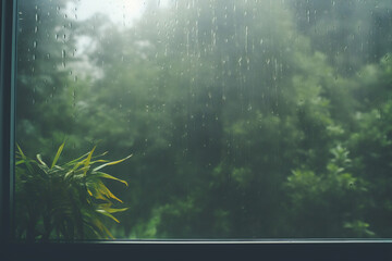 Rain drop on wet window glass with forest blur tree background, rainy landscape blurred