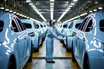 a person in a blue suit working on a car assembly line in a large warehouse. The person is wearing a white cap and a face mask, and is working on a light blue car door