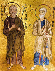 Palermo, Mosaic of apostles 12th century mosaics executed by Byzantine craftsmen. Andrew and Peter in the Martorana Church. 