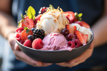 A person enjoying a bowl of creamy vegan ice cream with a variety of fruit toppings. Concept of...