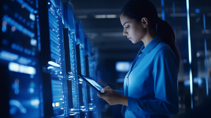 Female IT Specialist Uses Tablet in Data Center. Server Farm Cloud Computing Facility with Maintenance Administrator Working, Cyber Security Engineer Working in Personal Network Protection 1