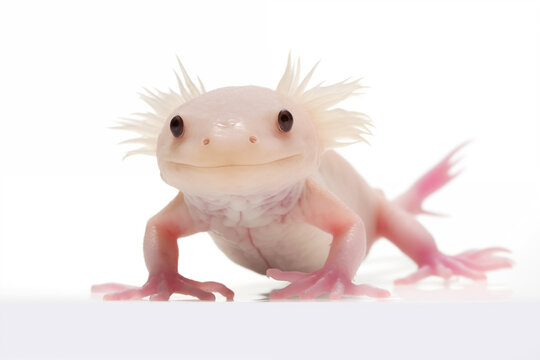 cute pink albino axolotl - isolated white background