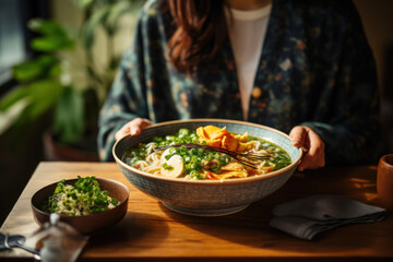 A person enjoying a warm bowl of vegan ramen with miso broth, tofu, and bok choy. Concept of a comforting and plant-based noodle soup. Generative Ai. - obrazy, fototapety, plakaty