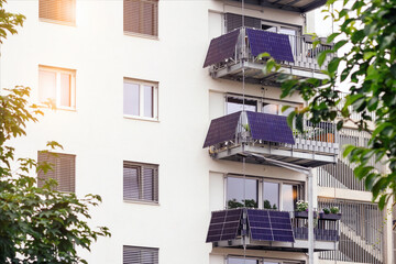 Solar Panels on Balcony of Modern Multi Family House or Residential High-rise Apartment Building....