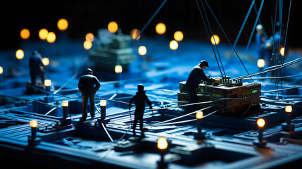 Miniature Technicians Working on a Circuit Board Cityscape with Illuminated Network Connections at Night