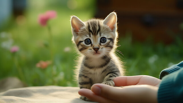 Cute little kitten playing outdoors