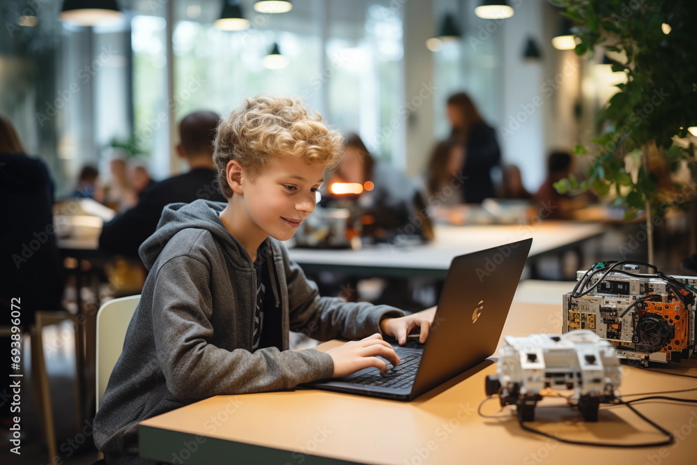 Poster child assembles and programs the robot in the classroom