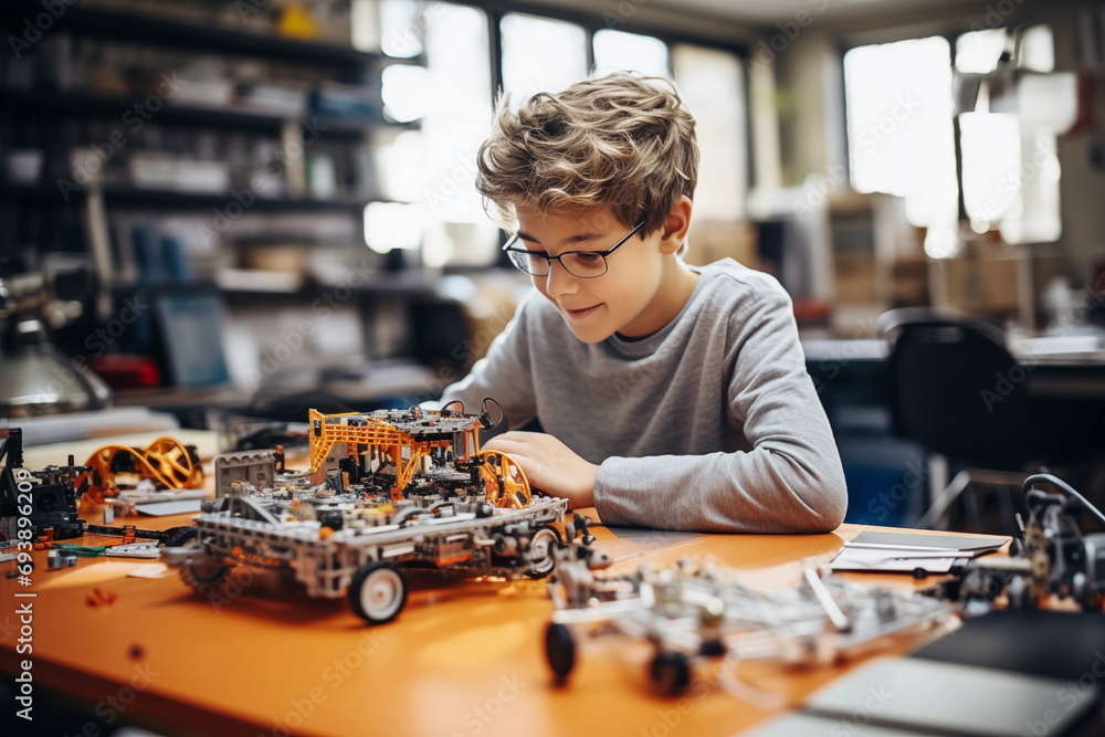 Poster child assembles and programs the robot in the classroom