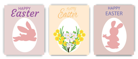 Set of Happy Easter banners, with Easter bunnies and bouquets of flowers on pastel backgrounds. Ideal for poster, cover or postcard. Easter concept. Vector illustration.