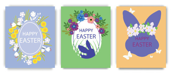 A set of fun Easter posters, with the Easter bunny, flowers and butterflies. Ideal for a poster, cover or card. Easter concept. Vector illustration.