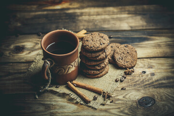 New Year's sweets with coffee and mulled wine, chocolate cookies and hot drinks on New Year's Eve