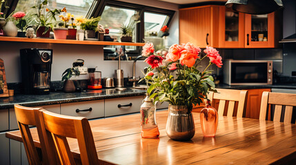 Cozy Kitchen Dining Area with Fresh Flowers and Natural Light from Skylight Windows
