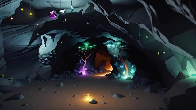 Cave with sparkling treasures, gems with trees made of precious stones. Mesmerizing glow, illuminating the dark surroundings. Mystery of hidden treasures deep within the earth. Zoom in