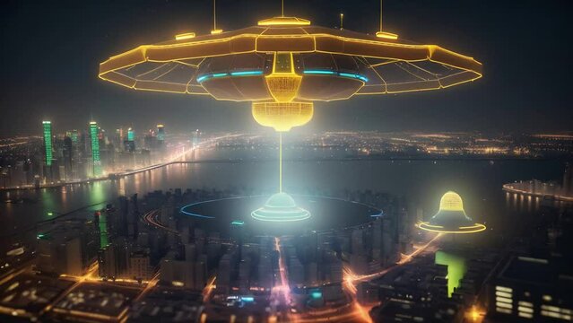 Yellow UFO hovering over city under night sky. Futuristic alien spaceships close up. Concept of exploring extraterrestrial themes, science fiction and unknown. Motion