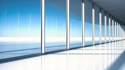 Futuristic Corridor with Panoramic Glass Walls Reflecting the Endless Blue Sky and Horizon