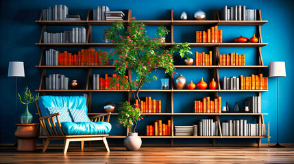 Tranquil Living Room with Blue Accents and White Bookshelves