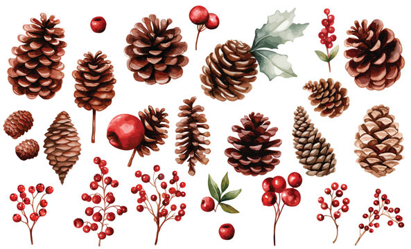 Watercolor Christmas cones and red barriers hand drawn illustration