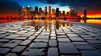 Cityscape at Dusk: Illuminated Skyline Reflecting on Water
