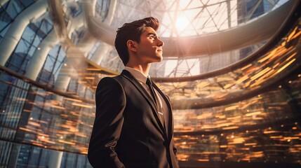 Business man standing in front of futuristic cityscape with network connections and digital interface