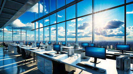 High-Rise Office Space with Panoramic City Views and Sunlight Streaming through Floor-to-Ceiling Windows