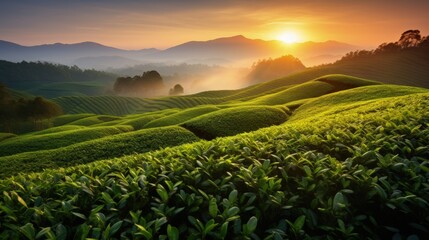 Green tea plantation at sunrise - obrazy, fototapety, plakaty