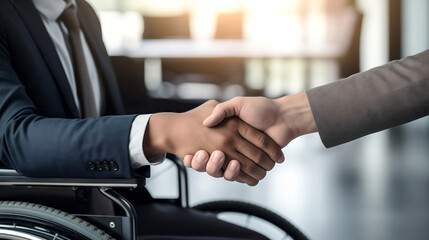 Close-up view of A disabled businessman in wheelchair shaking hand with other person in office - obrazy, fototapety, plakaty