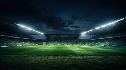 grass stadium illuminated by spotlights - obrazy, fototapety, plakaty