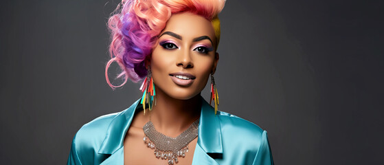 A Woman with Colorful Hair in a Blue Jacket