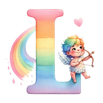 Letter L Alphabet L Cupid Rainbow Watercolor Nursery Hand drawn Style Clipart PNG Transparent Background High Quality