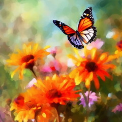 Fototapeta premium Butterflies on flowers watercolor and digital painting