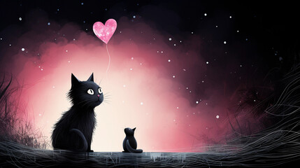 Romantic illustration of a cat and a mouse looking at a flying heart