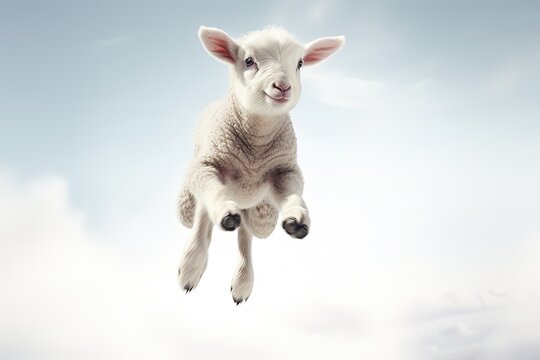 Little sheep jumping in the air on a white background