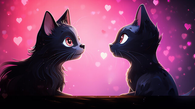 Naklejki Romantic illustration. A cat and a kitty in love facing each other. Valentine's Day, wedding, greeting card
