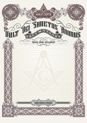 Vertical blank for creating a certificate, diploma, securities or other documents. Classic design with Masonic symbols in beige tones. In A4 format.