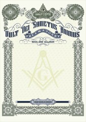 Vertical blank for creating a certificate, diploma, securities or other documents. Classic design with Masonic symbols in green tones. In A4 format.