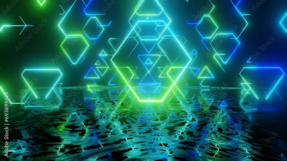 Poster neon design, blue green pattern. 4k video with various neon elements and a reflecting floor. looped 