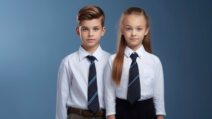 Front view of cute american girl and boy posing together, in school uniforms, one color background, copy space -generative ai