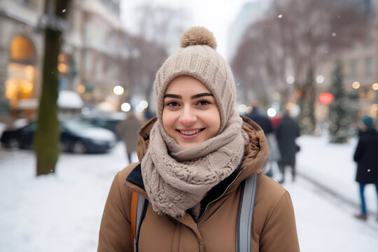 Portrait of beautiful young muslim woman wearing warm clothes enjoy the winter snow outside in the city
