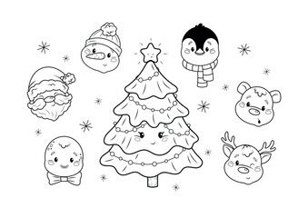 set of christmas tree with christmas characters, outline vector illustration of santa,reindeer, snowman, penguin, polar bear,gingerbread man and christmas tree,coloring or activity book for kids