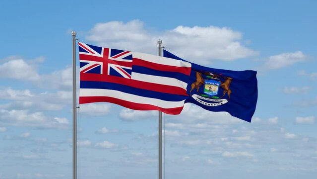Michigan and Hawaii US state flags waving together on cloudy sky, endless seamless loop