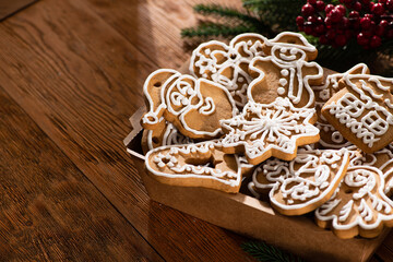 Tasty sweet Christmas cookies on a background. - 693900614