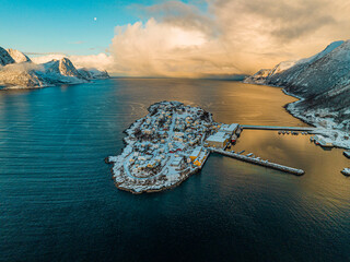 Drone view of Husoy Island, Senja Norway - obrazy, fototapety, plakaty